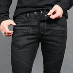Gentler Super Slim Fit Black Wax Coated Biker-Röhrenjeans